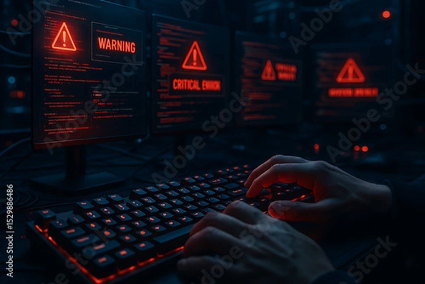 Fototapeta Cybersecurity Command Center with Hacker Typing on a Glowing Keyboard and Multiple Screens Displaying Digital Warning Critical Errors for Network Threat Detection and Data Protection