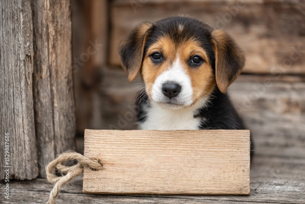 Fototapeta Lindo perrito mirando a cámara, sentado, junto a un cartel vacio de madera, con fondo desenfocado de casa o refugio de madera rustica