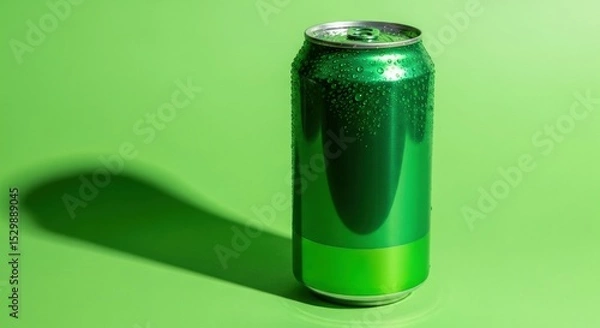 Fototapeta A green aluminum soda can with water droplets sits on a matching green background casting a dark shadow near it
