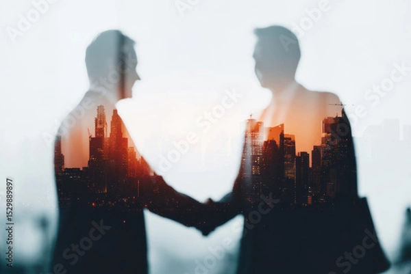 Obraz Two businessmen engage in a handshake with a stunning city skyline in the background.