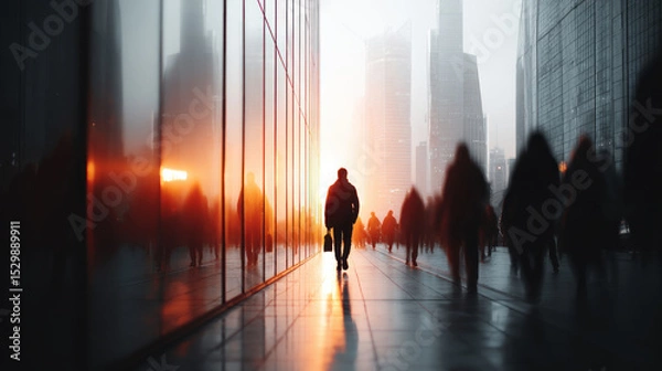 Obraz Businessman walking towards sunset in urban cityscape professional environment inspirational view