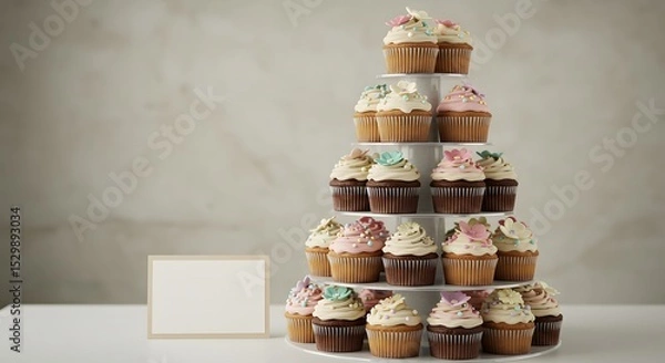 Fototapeta Cupcake tower with placeholder sign for event or business branding, soft background blur