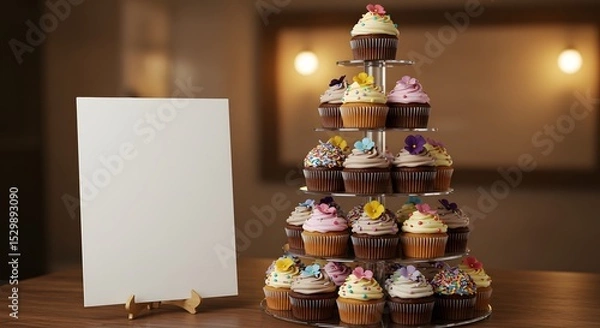 Fototapeta Cupcake tower with placeholder sign for event or business branding, soft background blur