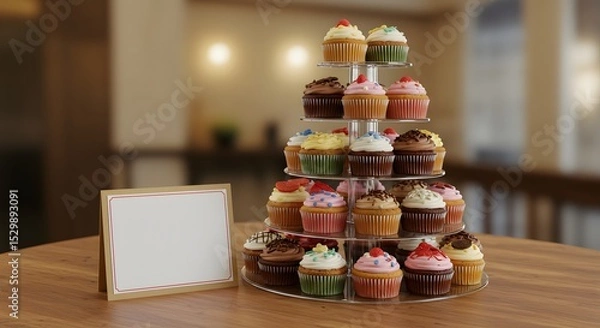 Fototapeta Cupcake tower with placeholder sign for event or business branding, soft background blur