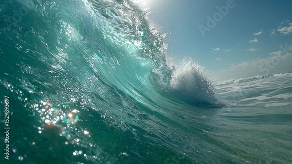 Fototapeta The waves gently crash onto the shore of a sun-drenched beach