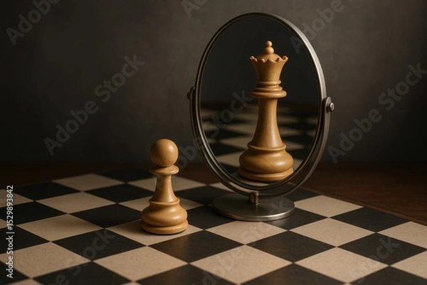 Fototapeta Self-transformation concept showing pawn chess piece seeing queen reflection