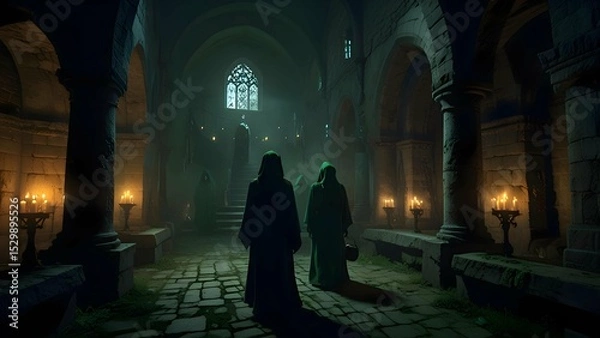 Fototapeta A dark, candlelit crypt beneath a crumbling castle. A coven of witches in tattered robes chant around a glowing cauldron, their faces obscured by hoods. Eerie green mist swirls around ancient pillers.