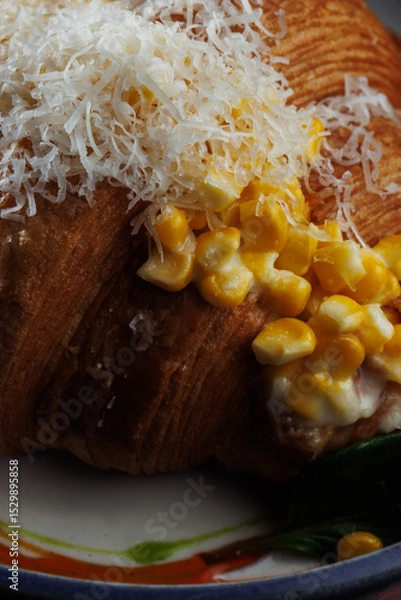 Fototapeta Macro croissant with creamy corn filling and parmesan cheese in blue bowl – elegant food presentation on rustic copper background