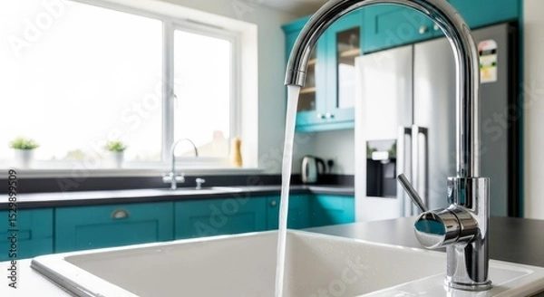 Fototapeta Modern kitchen with bright teal cabinets and running water in a sleek faucet during daytime