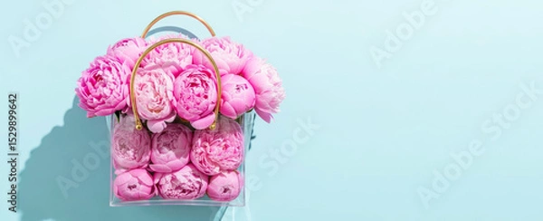 Fototapeta Pink peonies in a clear bag display artistic floral arrangement against a light blue background
