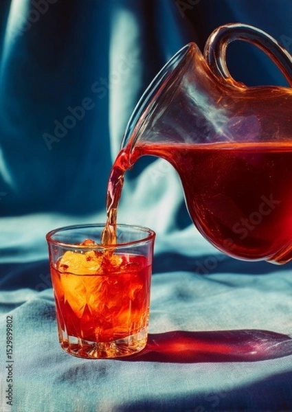 Fototapeta Refreshing beverage poured over ice in a glass with vibrant hues at a cozy setting during daytime