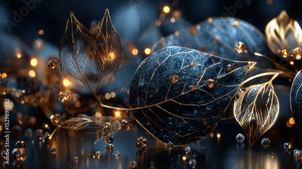 Fototapeta Golden shiny award sign with laurel wreath isolated on dark luxury background with golden glitter. Vector vertical illustration