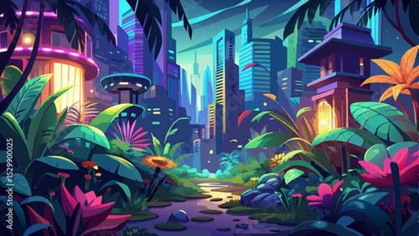 Fototapeta Lush greenery and exotic flowers in a neon jungle environment with vibrant colors and glowing foliage, set against a futuristic cityscape at dusk, ambient light , neon