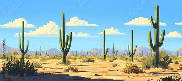Obraz A wide-open desert with towering cacti under a clear blue sky