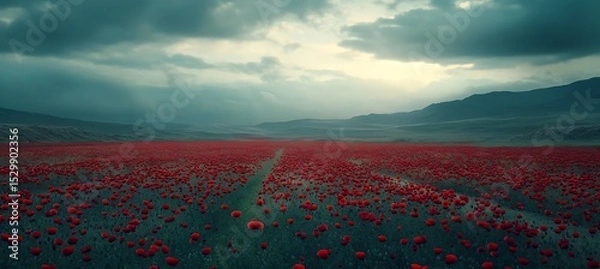 Obraz A wide-open field of poppies under a cloudy sky