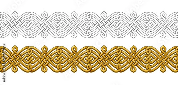 Fototapeta Celtic knot weave design. Seamless pattern. Nordic border ornament. Color and black and white template set. Print for decoration, fabric, embroidery, carpet, wallpaper. Flat vector illustration.
