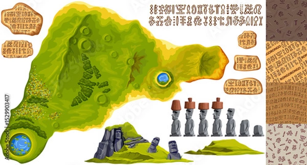 Obraz Moai on Easter island or Rapa Nui top view. Isolated vector cartoon stone statues on mountain. Set signboards Rongorongo, pattern, undeciphered captions ancient peoples.