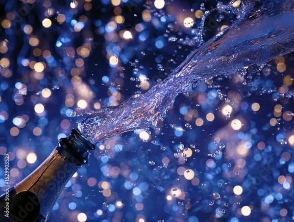 Fototapeta Celebratory Champagne Bottle Burst with Bokeh Background and Sparkling Splash