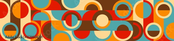 Fototapeta Seamless colorful geometric background in retro style of 60s and 70s, circles and squares in blue and orange. Abstract texture in trendy design.