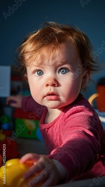 Fototapeta Curious Baby Girl Playing with Toy Blocks in a Colorful Room Setting