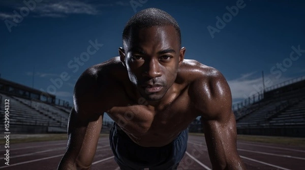 Fototapeta Determined Athlete Ready for Action on Empty Track Under Night Sky