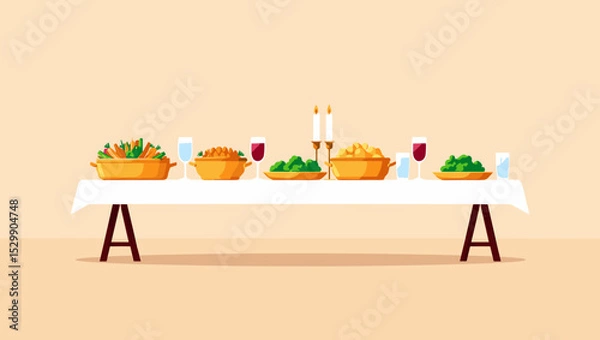 Fototapeta Abundant dining table with various dishes and drinks for celebration  