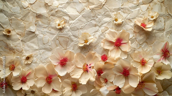Obraz Handmade paper texture with embedded flower petals and fiber strands.