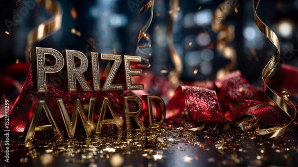 Fototapeta Prize, award win vector 3D word concept banner. Winner achievement celebration poster. Lettering with golden sparkling confetti ribbons. Shiny game, event victory realistic text on red backdrop