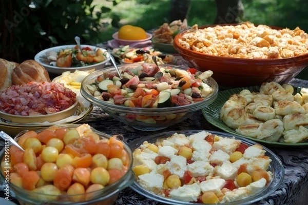 Fototapeta Various dishes are served on a table during a picnic, offering a delightful culinary experience amidst nature
