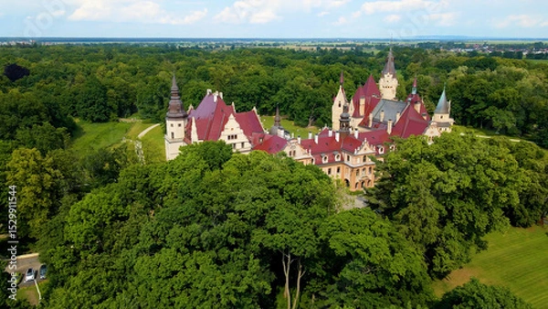 Fototapeta Moszna Castle fly over landscape view from above architecture near the village Moszna Poland