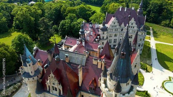 Fototapeta Moszna Castle fly over landscape view from above architecture near the village Moszna Poland
