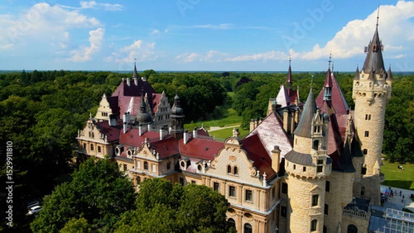 Fototapeta Moszna Castle fly over landscape view from above architecture near the village Moszna Poland