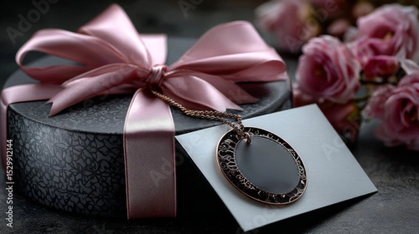 Fototapeta Vector round paper banner hanging on pink ribbon with bow. White post note with pink ribbon and bow isolated on transparent background.