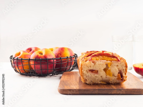 Fototapeta Peach cake loaf on wooden cutting board on white backgroud