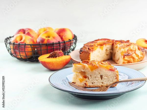 Fototapeta Piece of nectarine peach cake on turquoise table