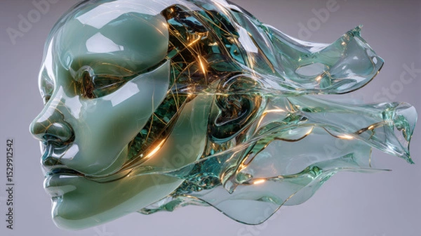 Fototapeta 3d rendering, expressive levitating translucent mint green film isolated on neutral background, cosmetic peel-off mask. Purity concept. Futuristic textile