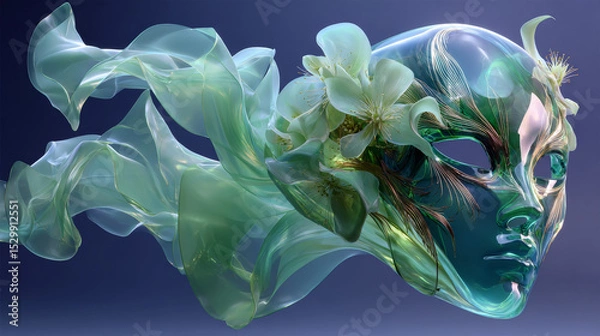 Fototapeta 3d rendering, expressive levitating translucent mint green film isolated on neutral background, cosmetic peel-off mask. Purity concept. Futuristic textile