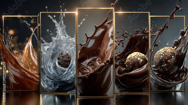 Fototapeta chocolate splashes set, isolated design elements, 3d illustration
