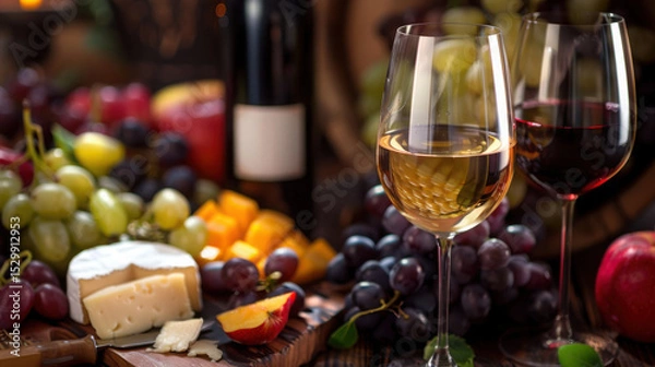 Fototapeta Sophisticated wine tasting setup featuring assorted fruits and cheeses, creating an elegant and refined culinary experience...
