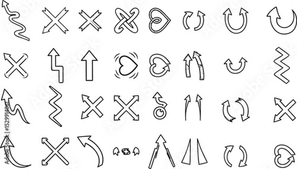 Fototapeta Collection of hand drawn arrows and directional symbols outlined in black on a white background