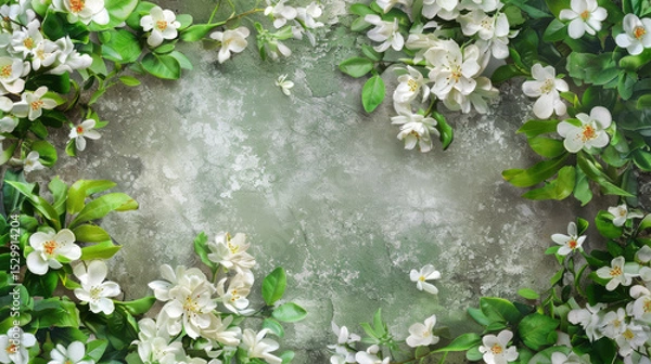 Fototapeta A delicate border of white jasmine flowers, featuring soft petals and green leaves, creating an elegant, natural frame perfect for design or decoration...