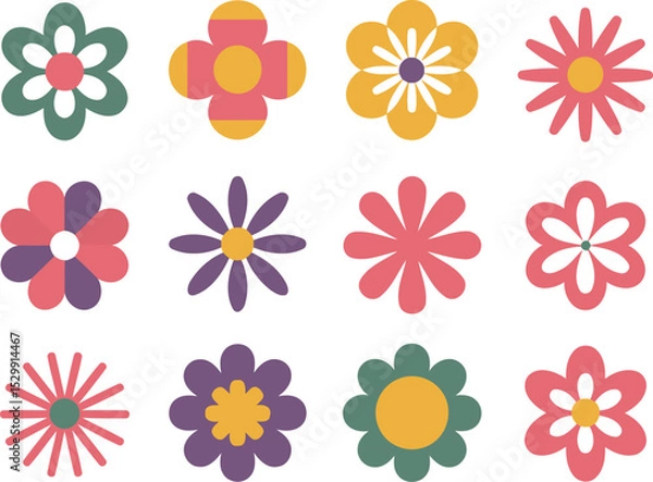 Fototapeta Geometric diverse flat design flower icons set, colorful floral spring collection