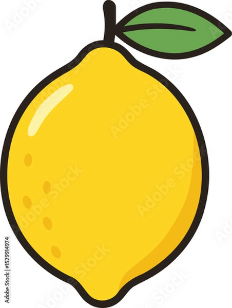 Fototapeta Bright yellow lemon cartoon with green leaf and stem, fresh citrus fruit illustration