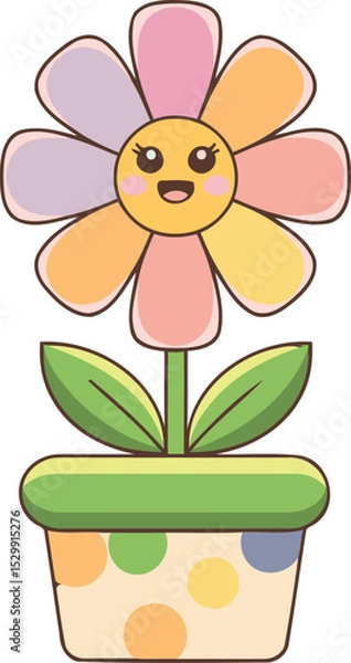 Fototapeta Cute kawaii flower in pot with polka dots, smiling cartoon spring plant illustration