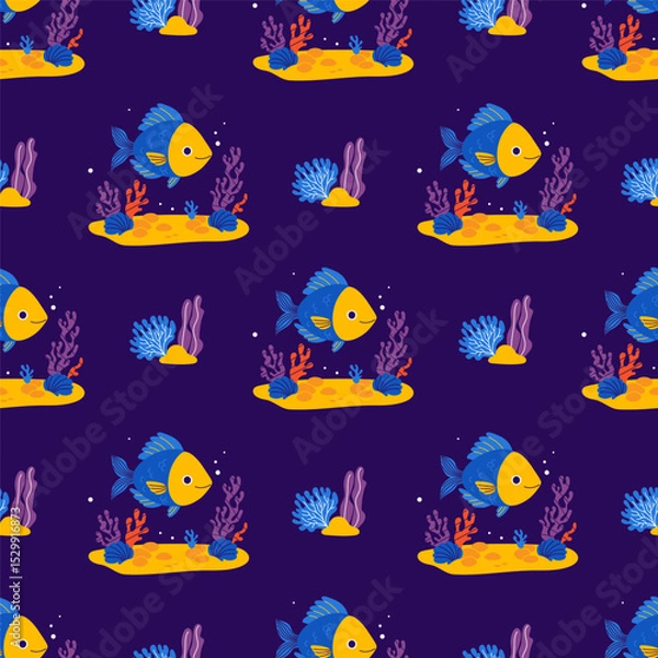 Fototapeta Underwater Seamless Pattern. Cute Sea Fish, Plant algae and coral on seabed on dark Blue Background. Vector Illustration. Kids collection