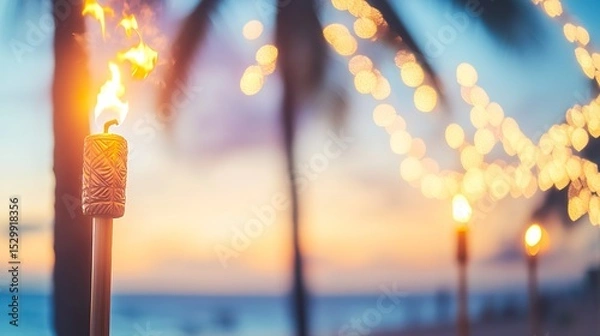 Fototapeta Beachside sunset with tiki torches and string lights at Hawaiian Luau party show