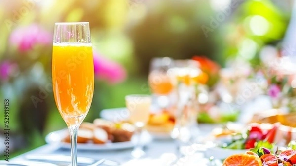Fototapeta Refreshing outdoor brunch with mimosa and colorful spread