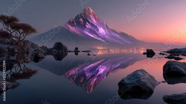 Fototapeta 3D rendering of an abstract, unique landscape. Lone mountain in the middle of nowhere. Violet rock reflected in calm water over the pale background. Minimalist, fantastic wallpaper