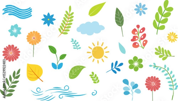 Obraz Set of decorative flower and leaf elements arranged on simple background, including leaf, flower, sun, and cloud elements