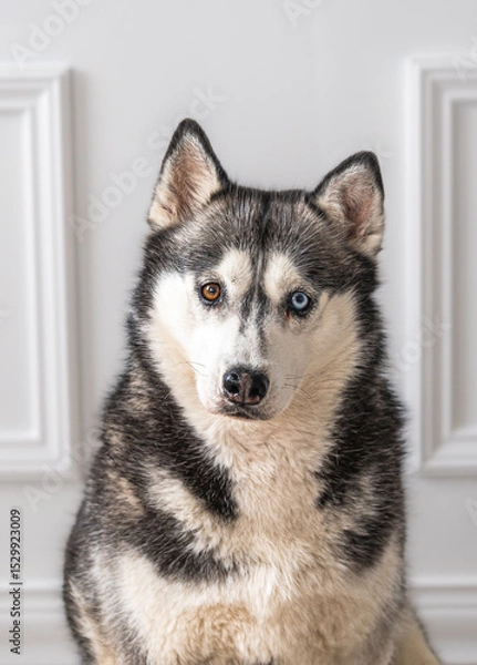 Obraz beautiful studio image of siberian husky dog with two different color eyes. 